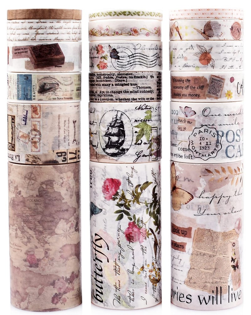 DAPUTOU 18 Rolls Vintage Washi Tape Set 75/30/15/10/5mm Wide Floral Map Stamp Letter Antique Retro Decorative Masking Tape Sets for Scrapbook  Craft Kids Scrapbooking Supplies - Image 1